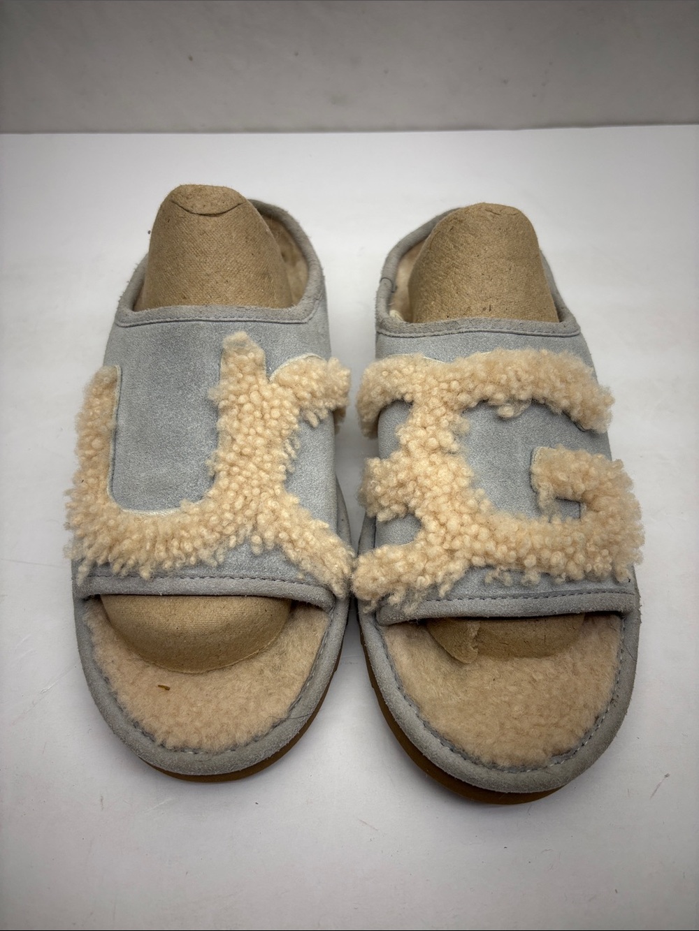 UGG Light Blue Suede Slides with Cream Shearling Logo, SZ 8, box 88